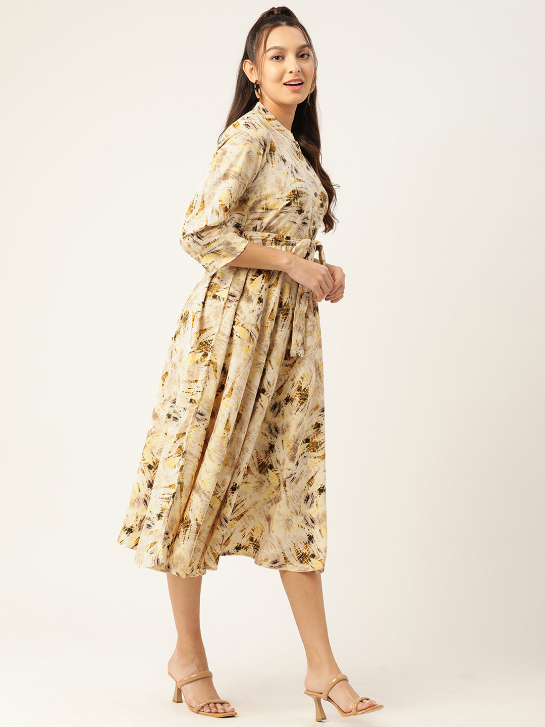 Jainish Women's Abstract Printed Crepe Shirt Collar Maxi Dress with Belt - Cream