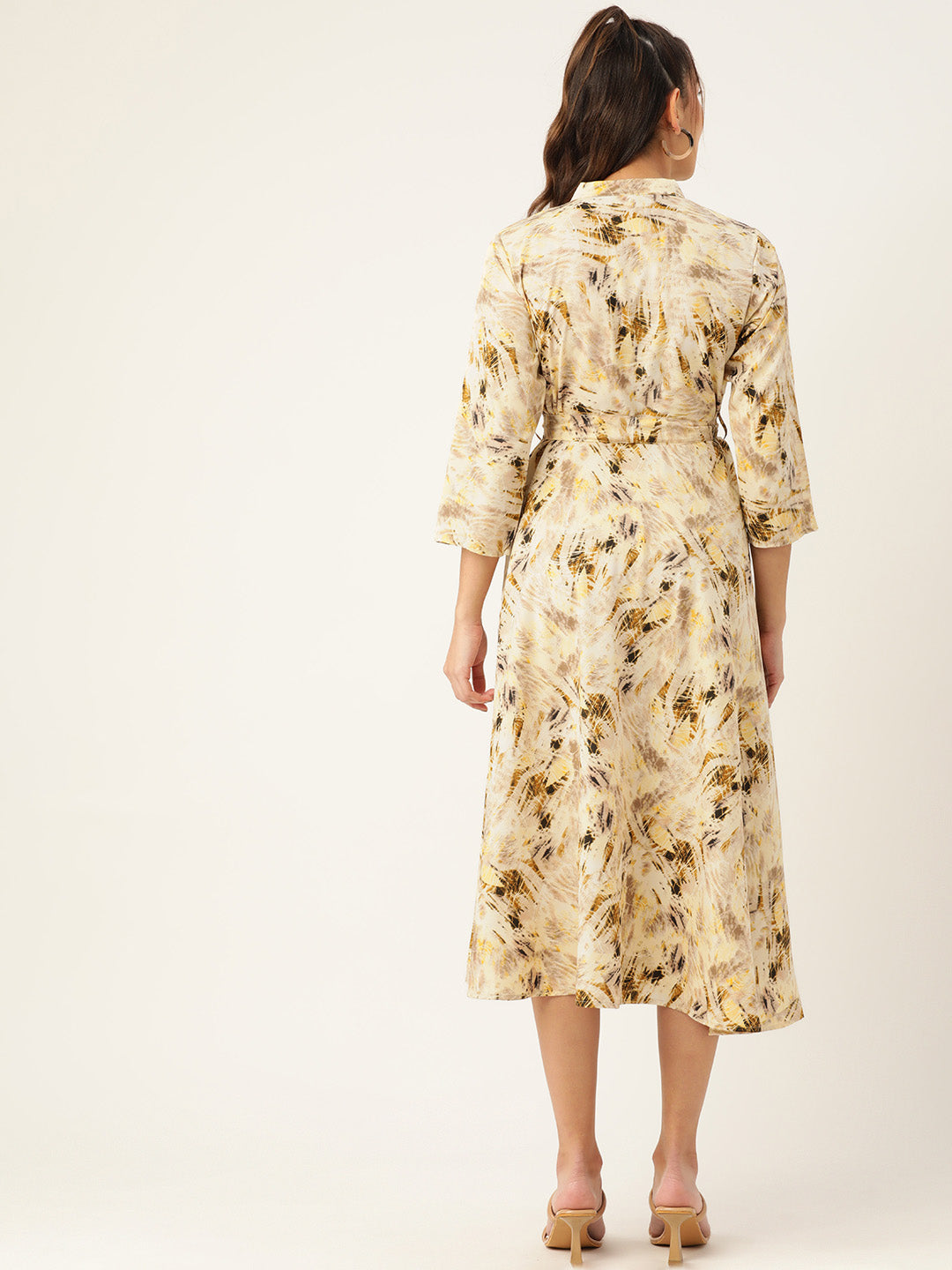 Jainish Women's Abstract Printed Crepe Shirt Collar Maxi Dress with Belt - Cream