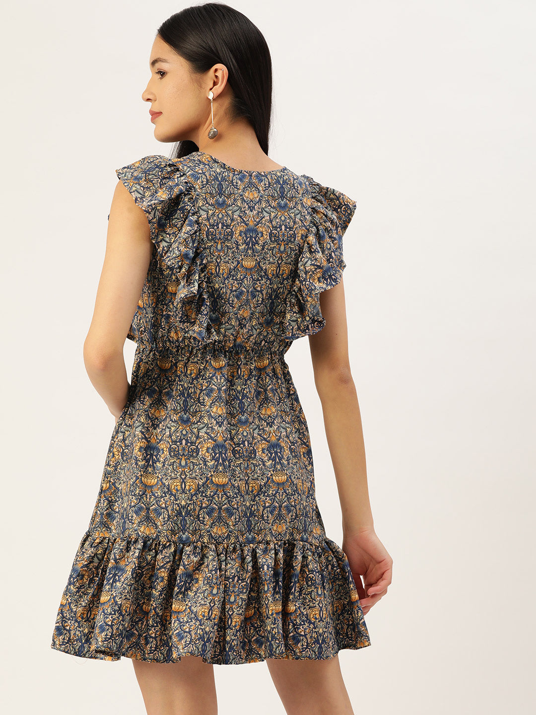 Jainish Women's Printed Tiered Dress with frills - Blue