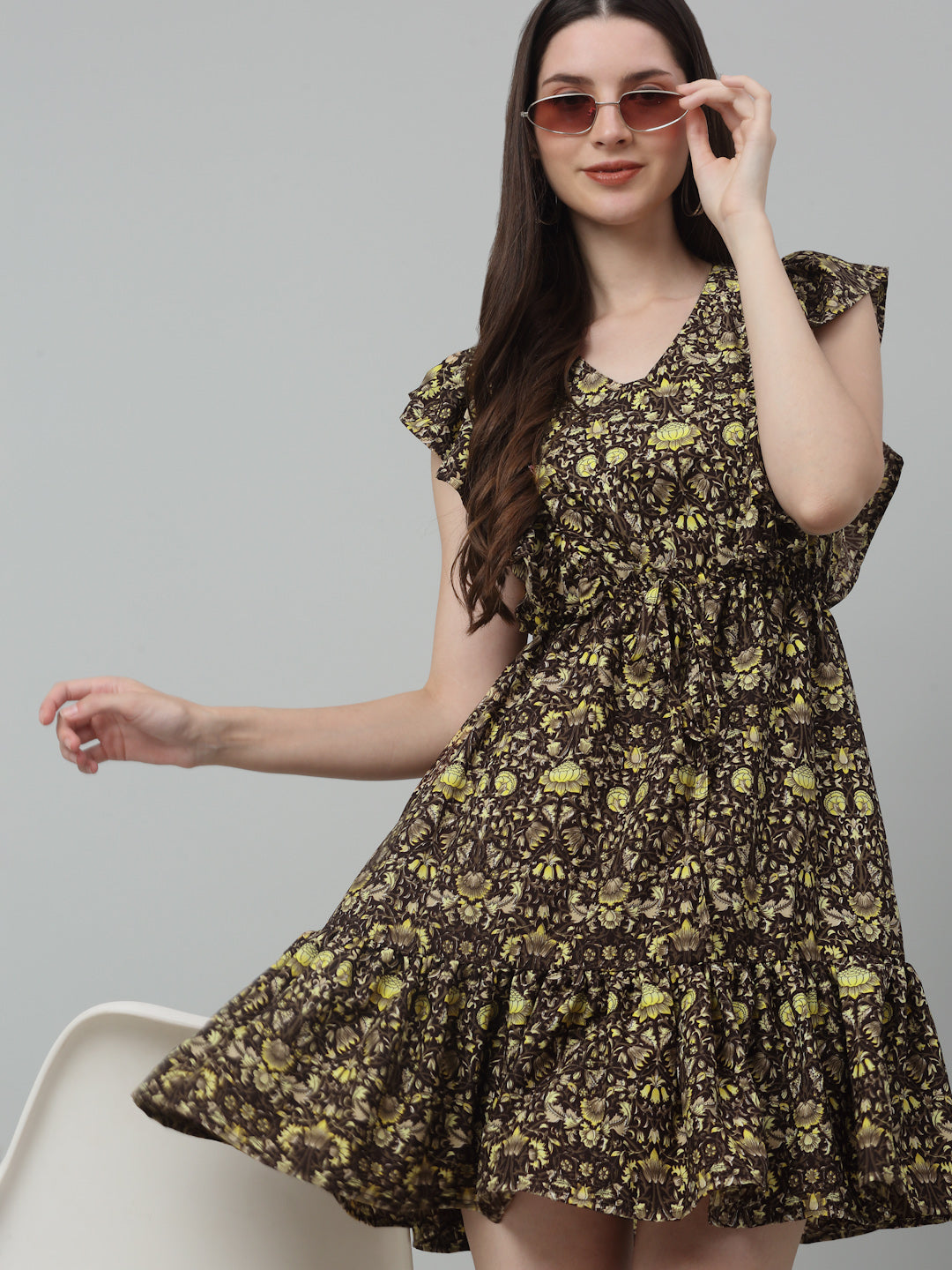 Jainish Women's WoPrinted Tiered Dress with frills - Coffee