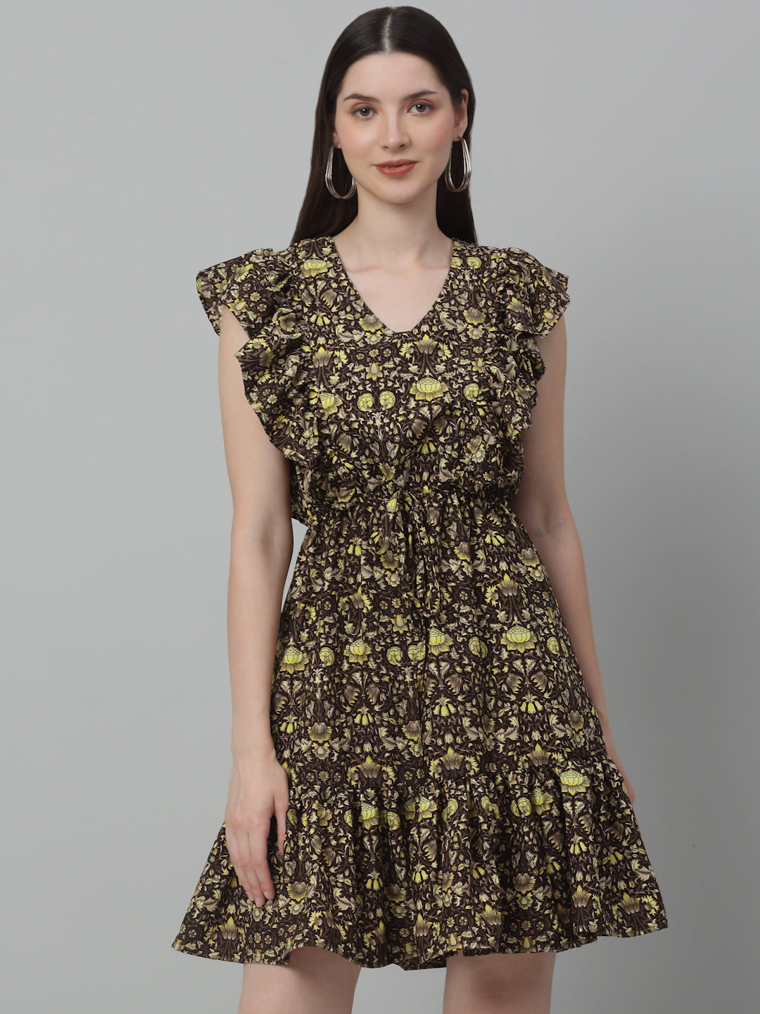 Jainish Women's WoPrinted Tiered Dress with frills - Coffee
