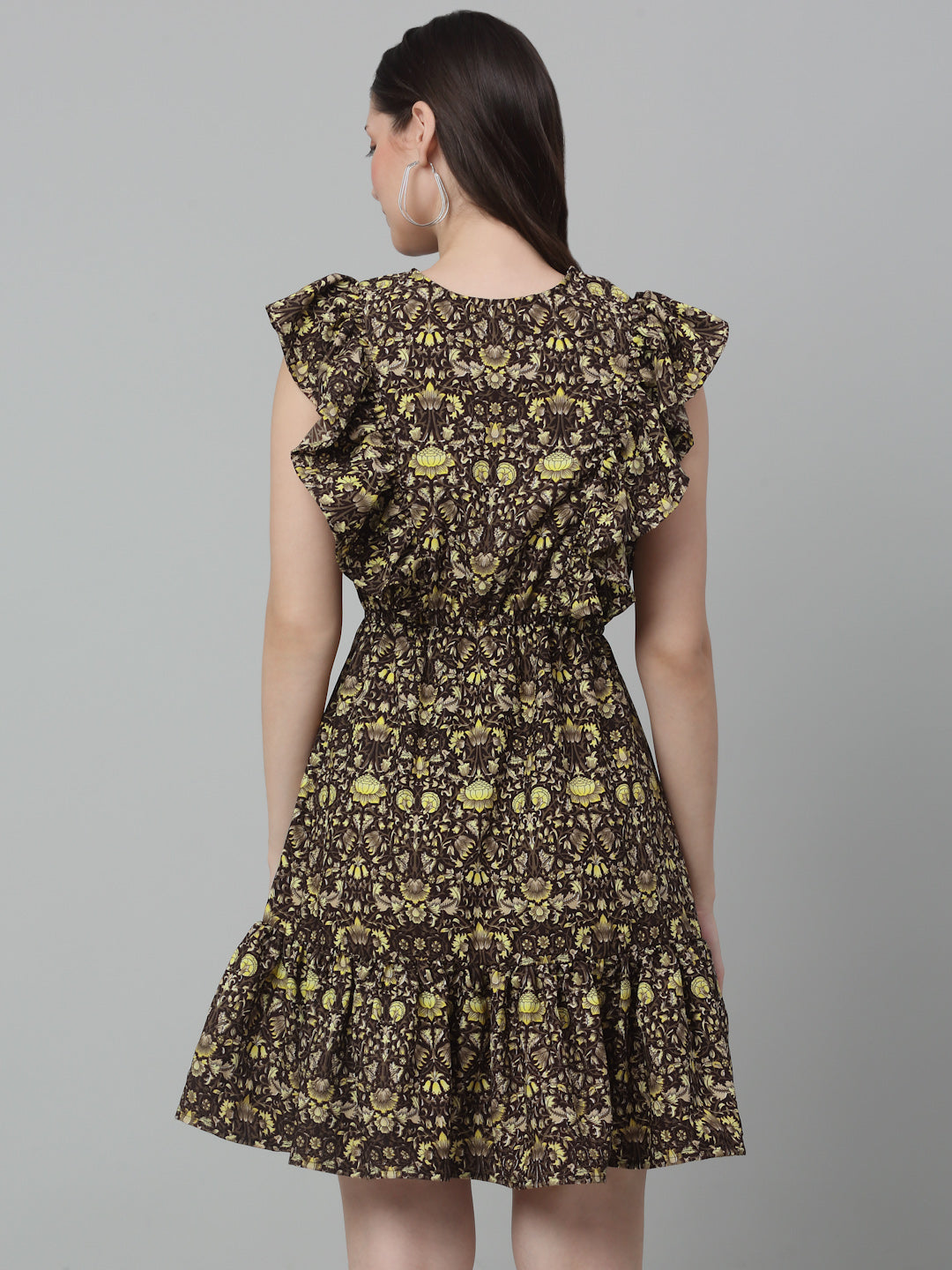 Jainish Women's WoPrinted Tiered Dress with frills - Coffee