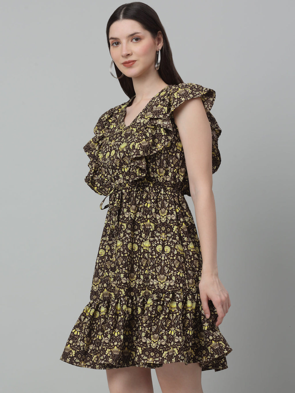 Jainish Women's WoPrinted Tiered Dress with frills - Coffee