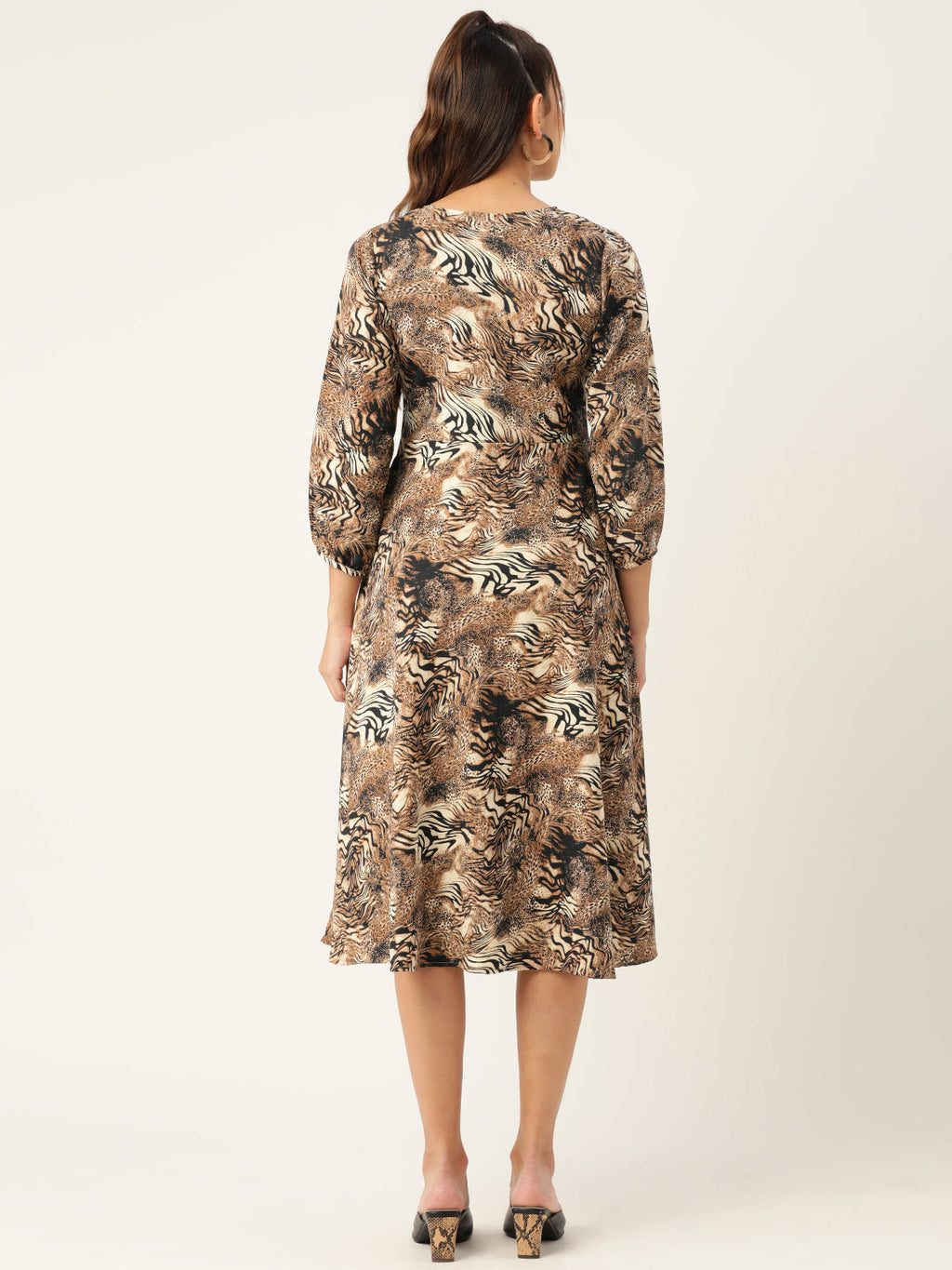 Jainish Women's Animal Print Puff Sleeves Crepe Midi Dress