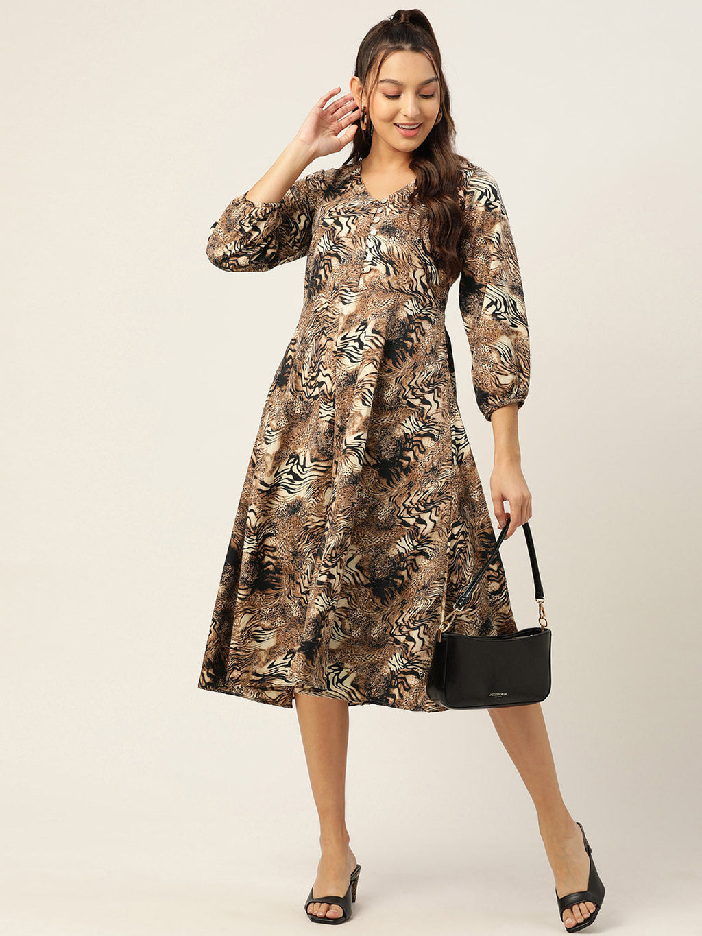 Jainish Women's Animal Print Puff Sleeves Crepe Midi Dress