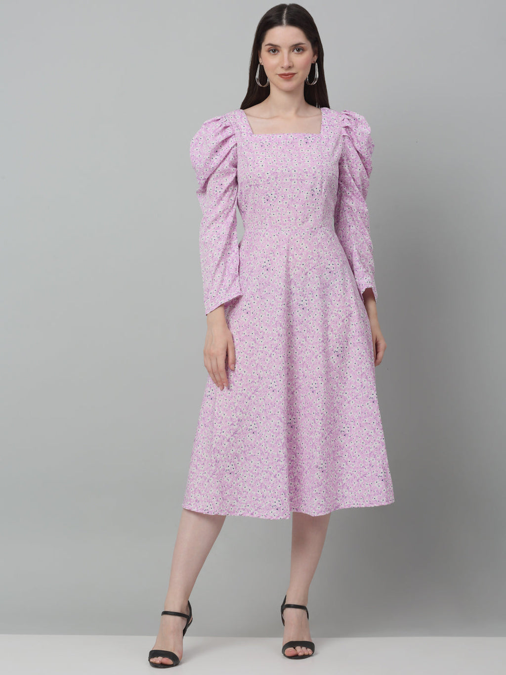 Jainish Women's WoFloral Print Square Neck Puff Sleeved flared Dress - Light-Purple
