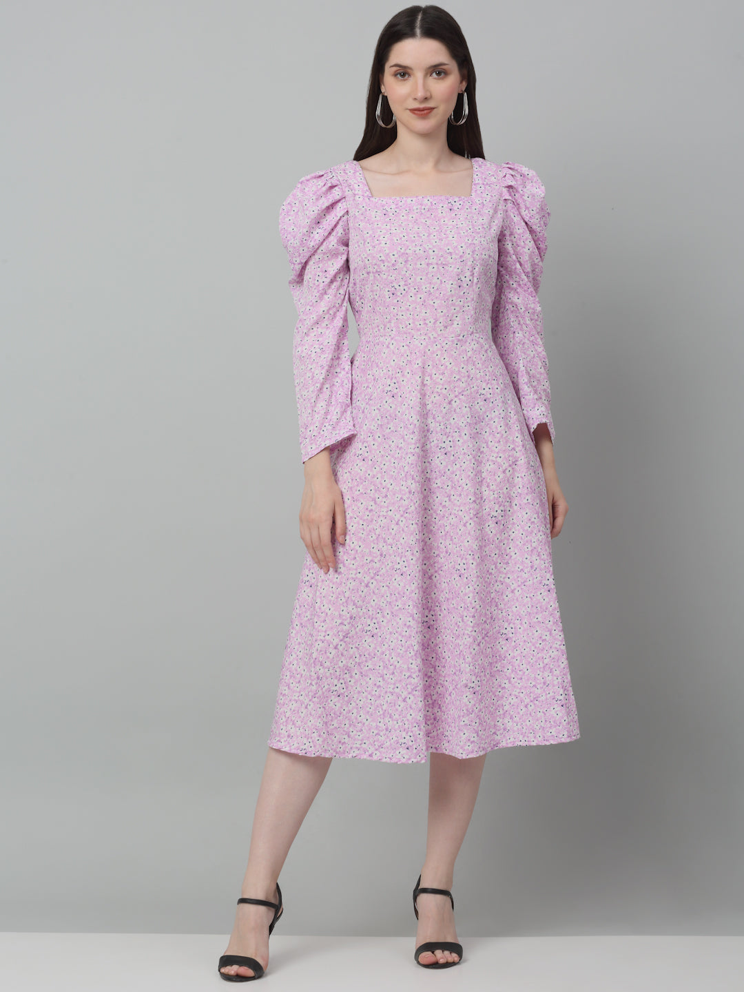 Jainish Women's WoFloral Print Square Neck Puff Sleeved flared Dress - Light-Purple