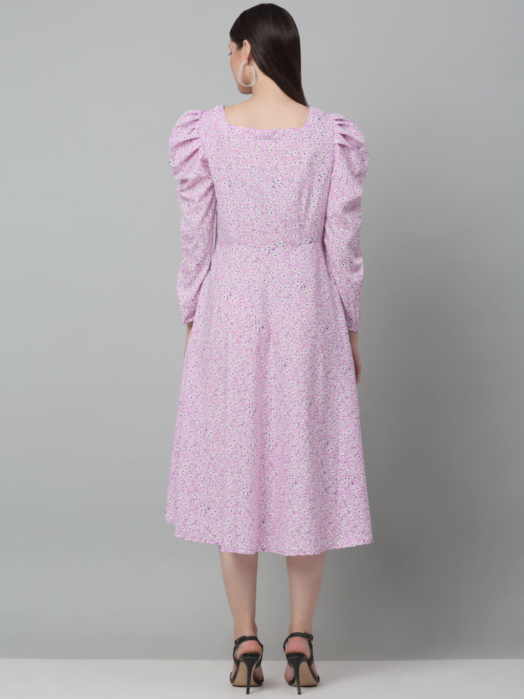 Jainish Women's WoFloral Print Square Neck Puff Sleeved flared Dress - Light-Purple
