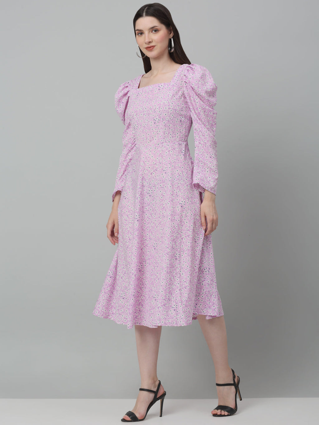 Jainish Women's WoFloral Print Square Neck Puff Sleeved flared Dress - Light-Purple