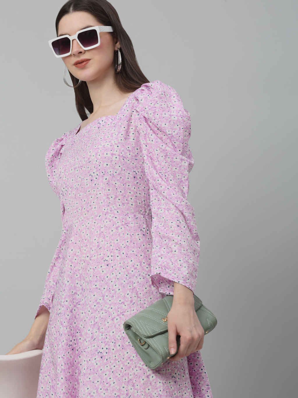 Jainish Women's WoFloral Print Square Neck Puff Sleeved flared Dress - Light-Purple