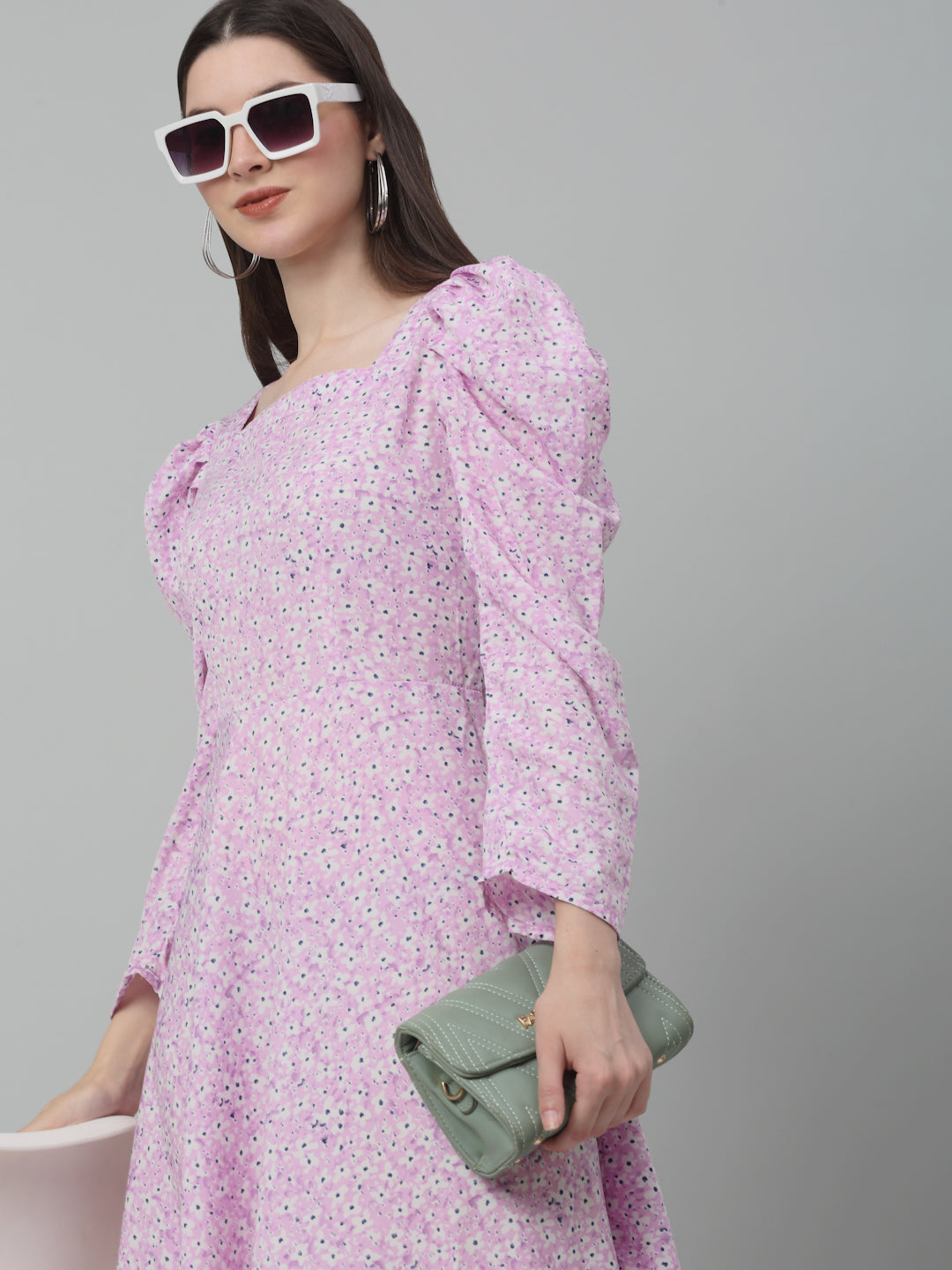 Jainish Women's WoFloral Print Square Neck Puff Sleeved flared Dress - Light-Purple