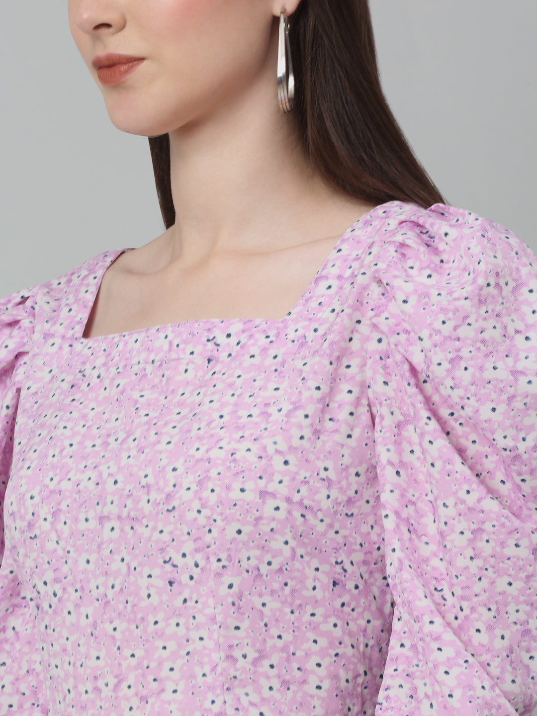 Jainish Women's WoFloral Print Square Neck Puff Sleeved flared Dress - Light-Purple