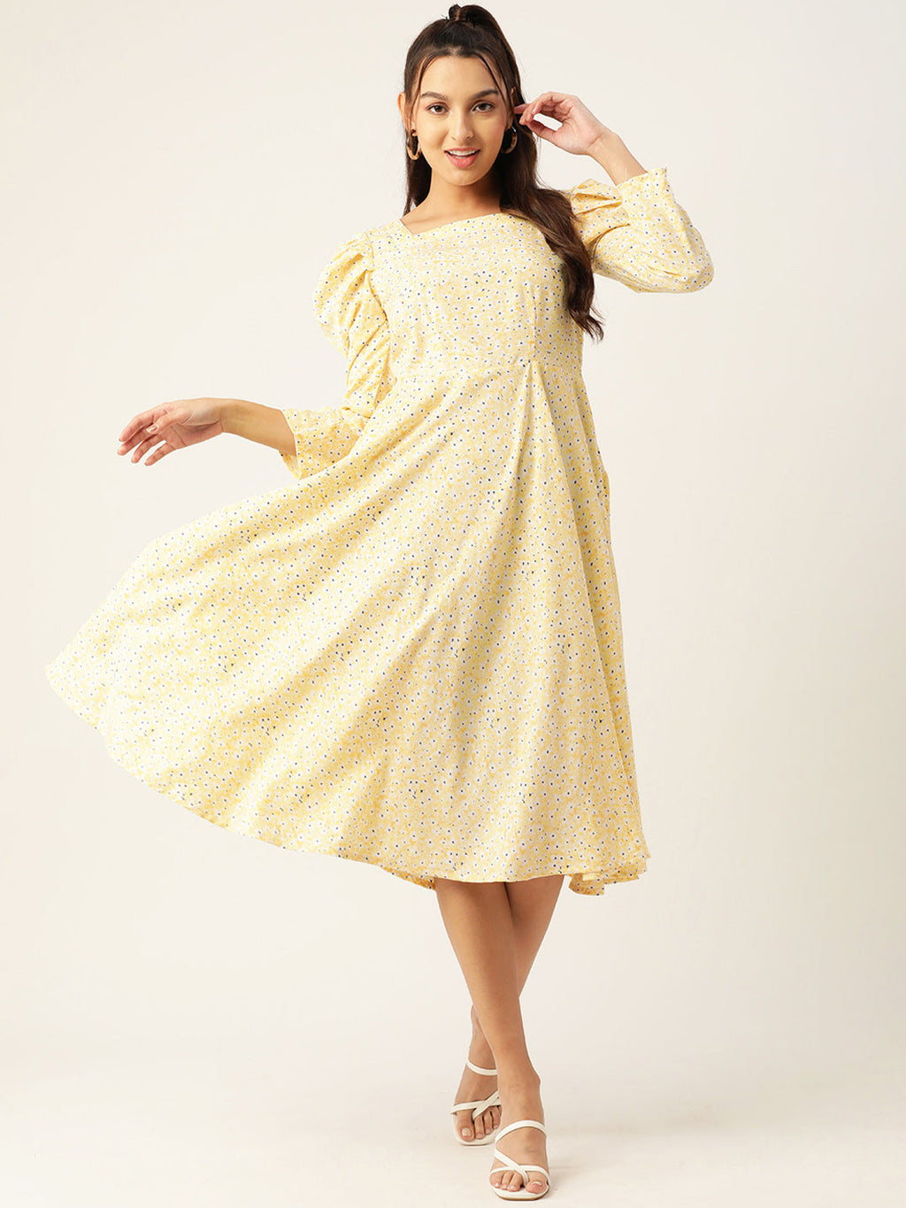 Jainish Women's Floral Print Puff Sleeves Crepe Midi Dress