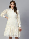 Jainish Women's Cream Net Tiered Dress