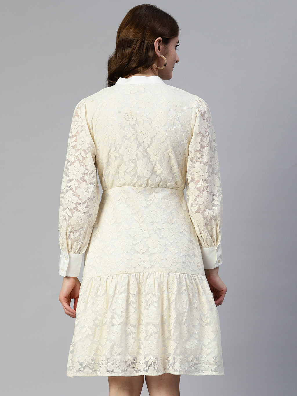 Jainish Women's Cream Net Tiered Dress