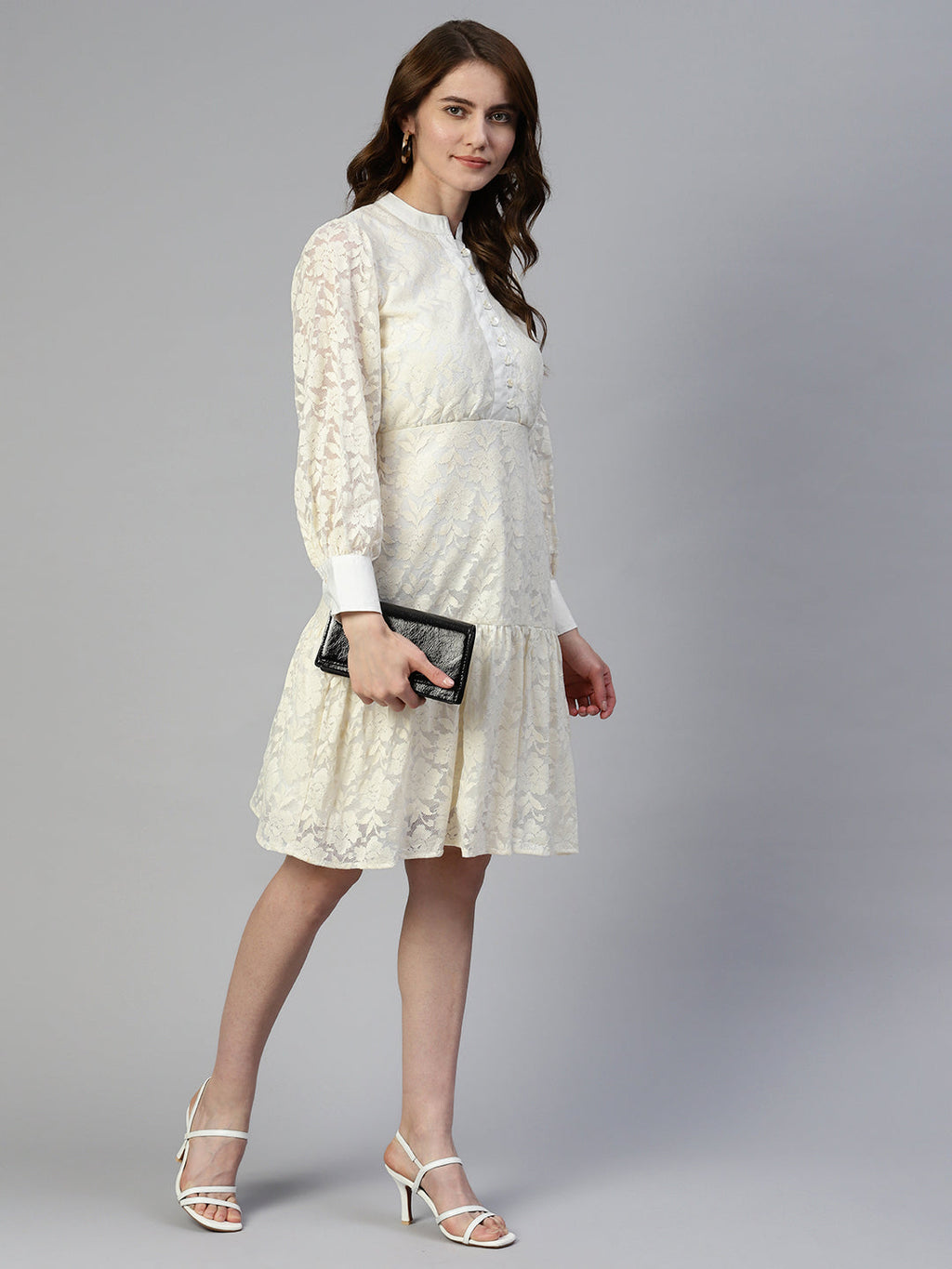 Jainish Women's Cream Net Tiered Dress