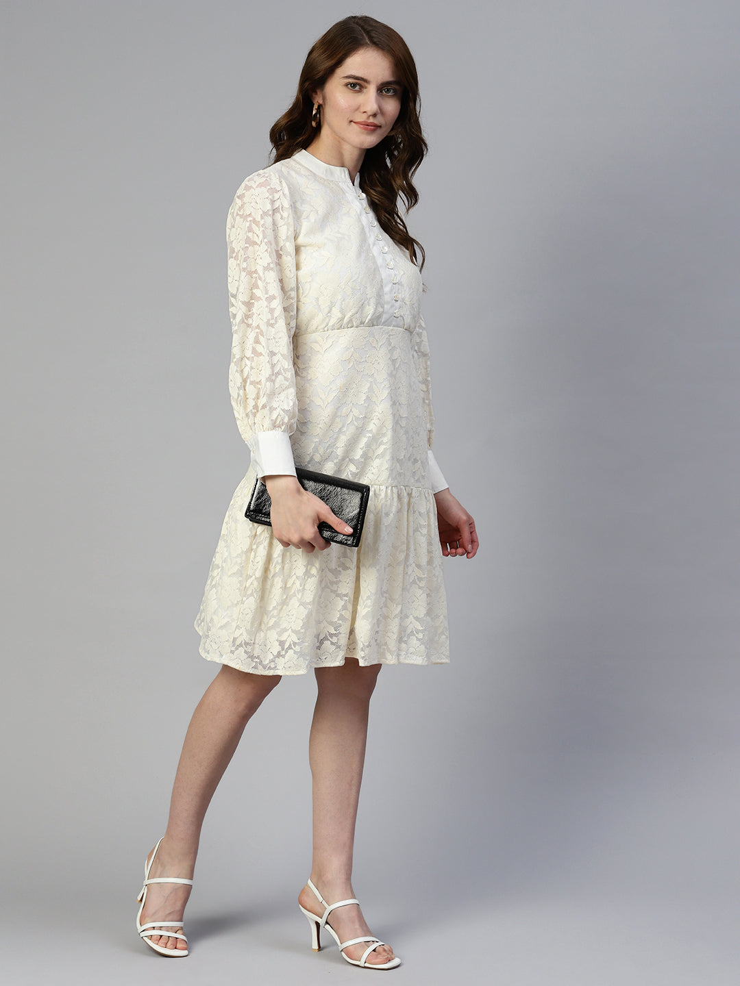 Jainish Women's Cream Net Tiered Dress