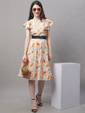 Jainish Women's Orange Printed A-Line Dresses With Belt