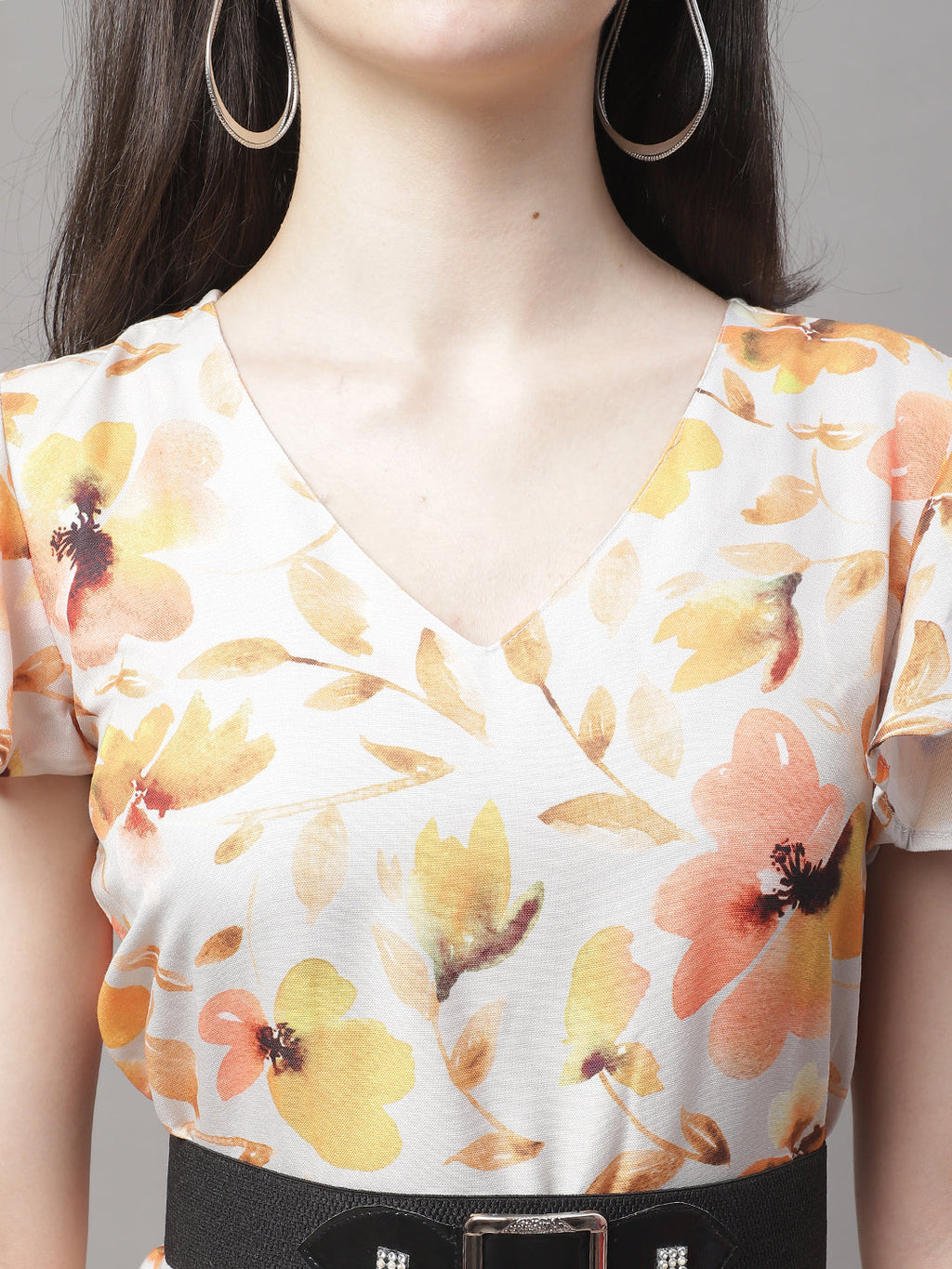 Jainish Women's Orange Printed A-Line Dresses With Belt