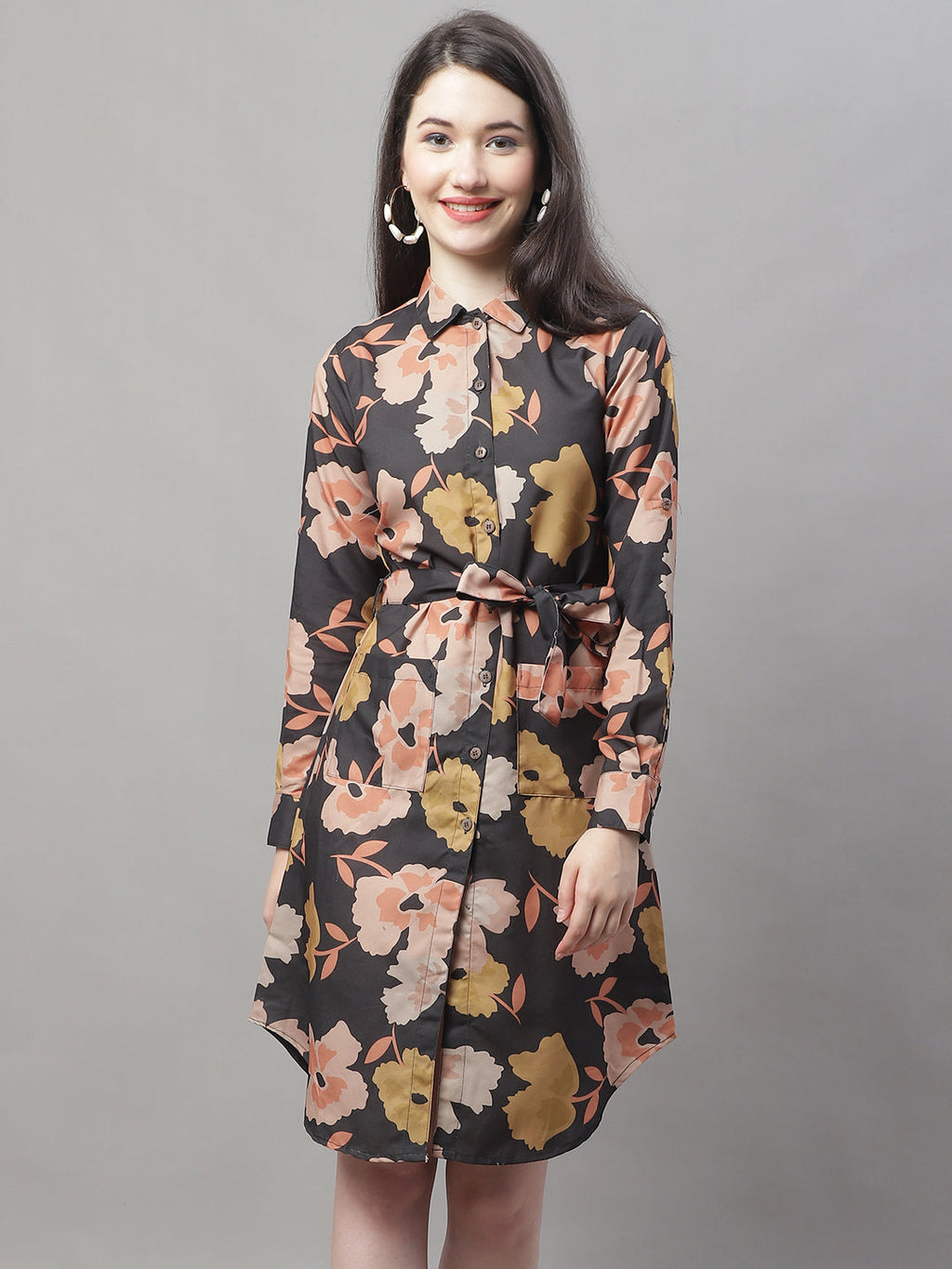 Jainish Women's Black Printed A-Line Dresses With Belt