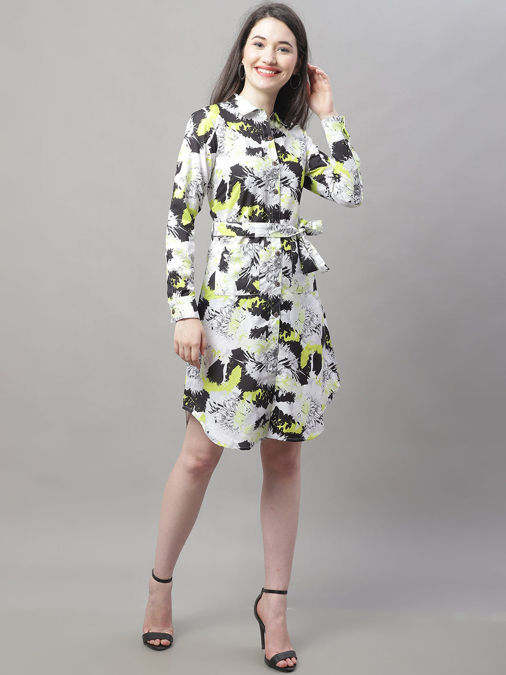Jainish Women's White Printed A-Line Dresses With Belt
