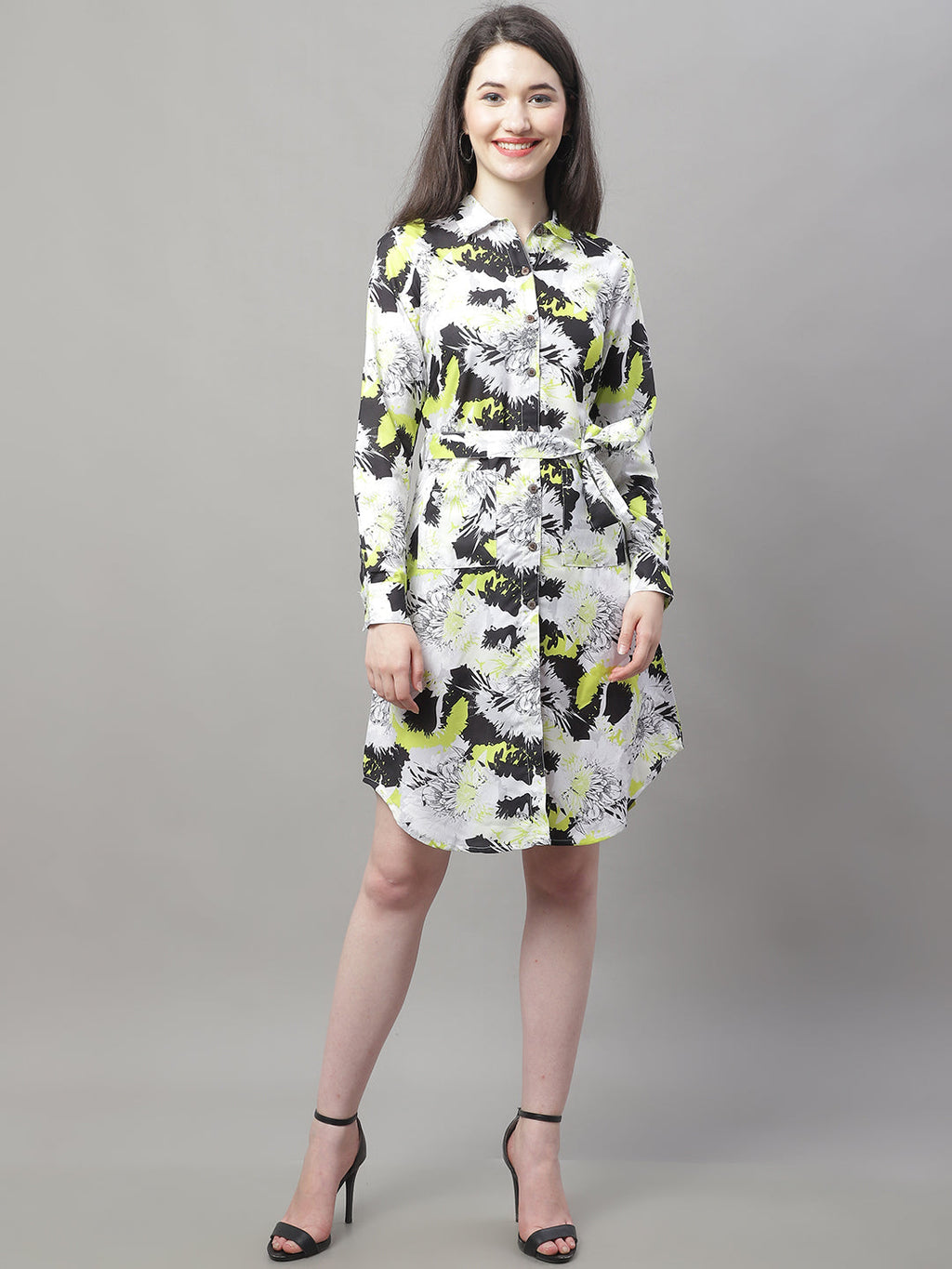 Jainish Women's White Printed A-Line Dresses With Belt