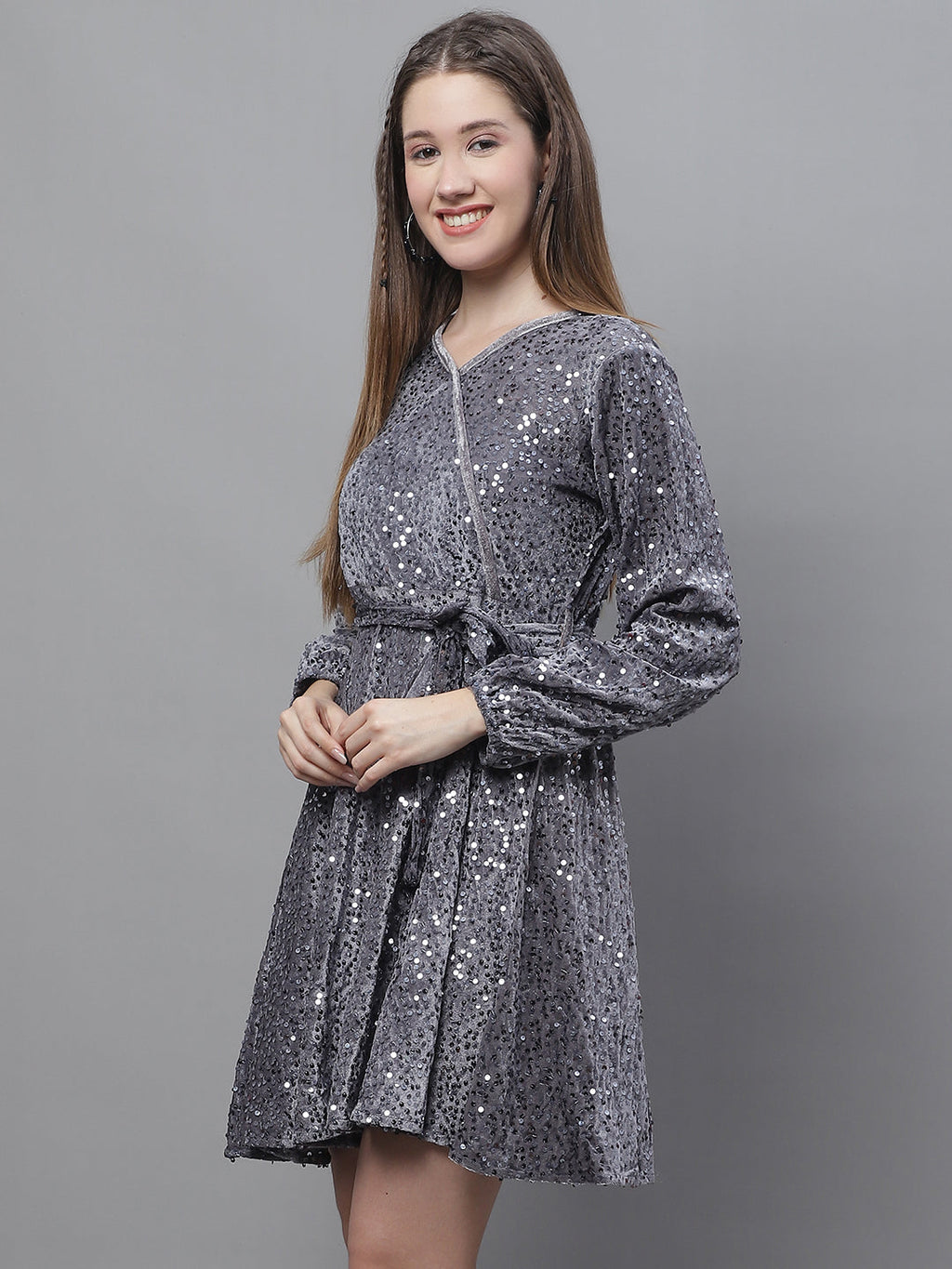 Jainish Women's WoSequin Velvet A-line dress - Grey