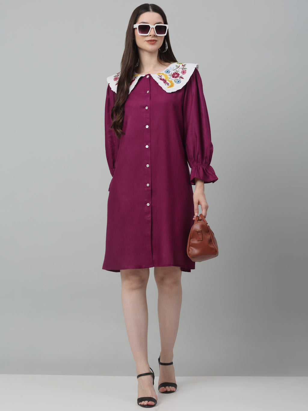 Jainish Women's WoFloral Embroidered A-line Dress - Purple