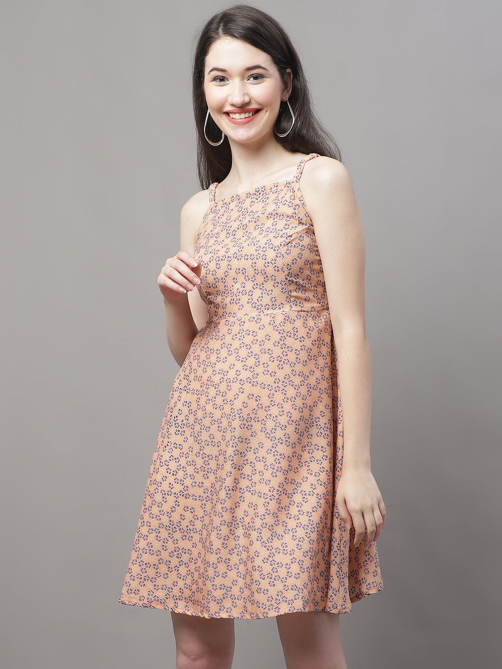 Jainish Women's Peach Floral Printed A-Line Dresses