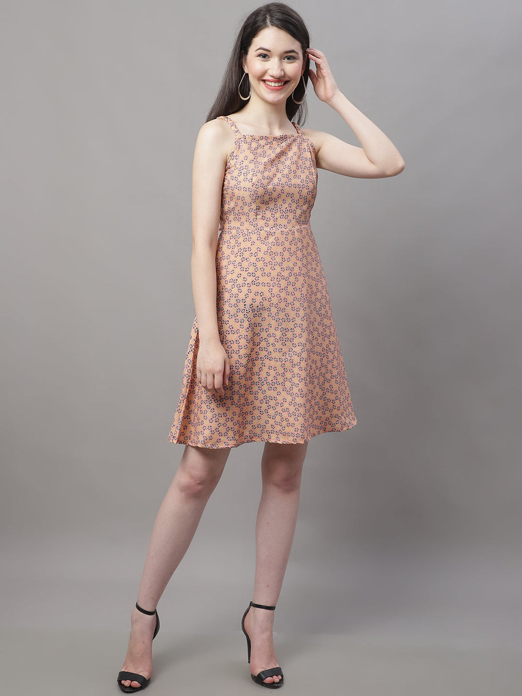 Jainish Women's Peach Floral Printed A-Line Dresses