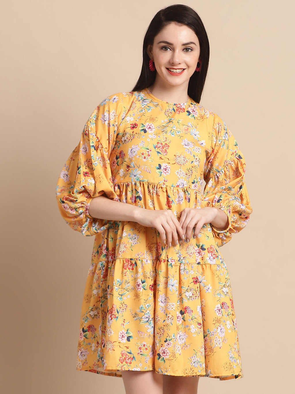Jainish Women's Yellow Printed A-Line Dress