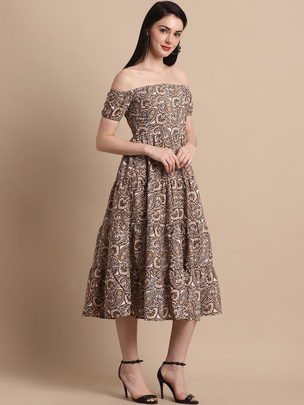 Jainish Women's WoBrown Printed off-Shoulder Dress