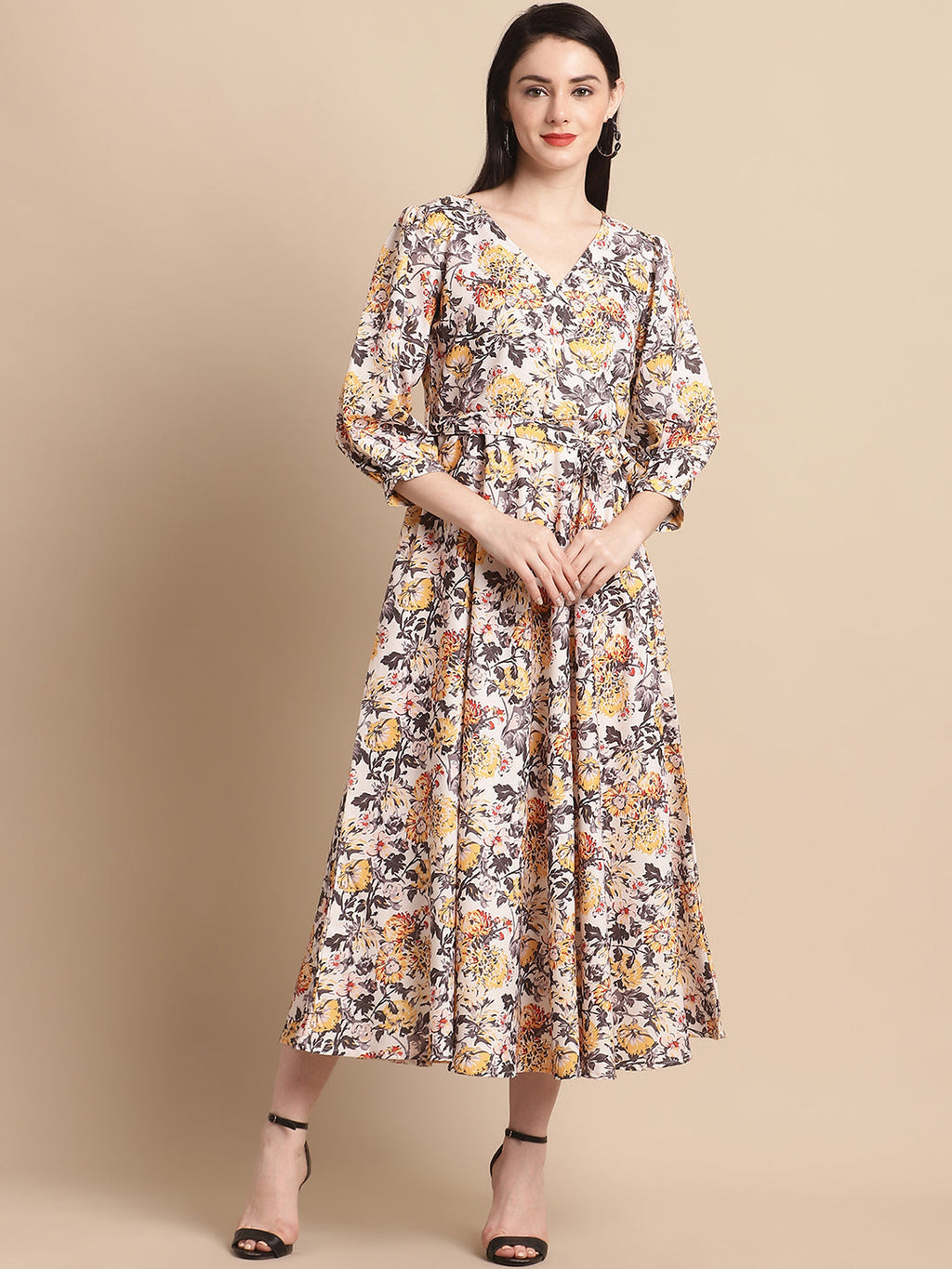 Jainish Women's WoOff-White Floral Printed A-line Dress With Belt