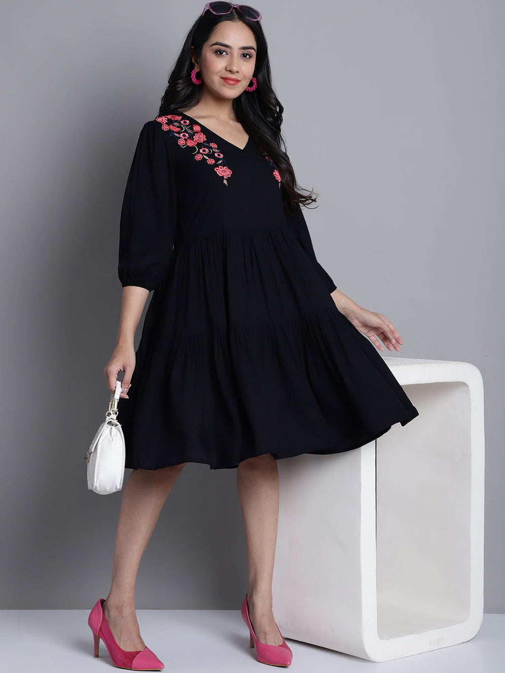 Jainish Women's WoBlack Floral Embroidered A-line Dress