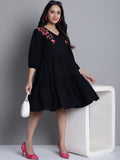 Jainish Women's WoBlack Floral Embroidered A-line Dress