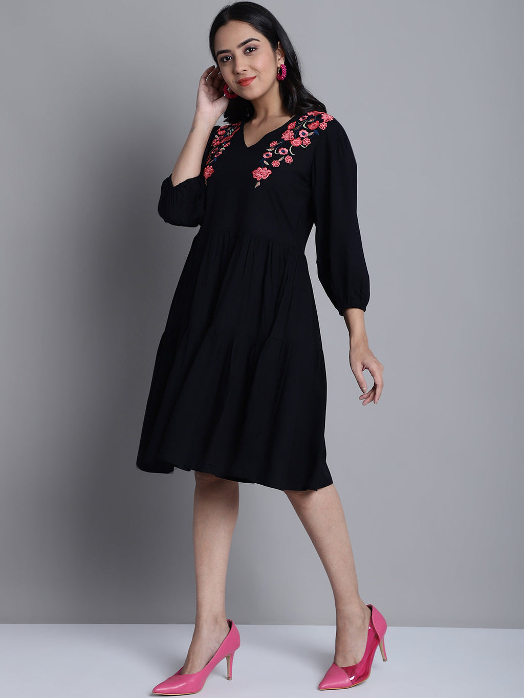 Jainish Women's WoBlack Floral Embroidered A-line Dress