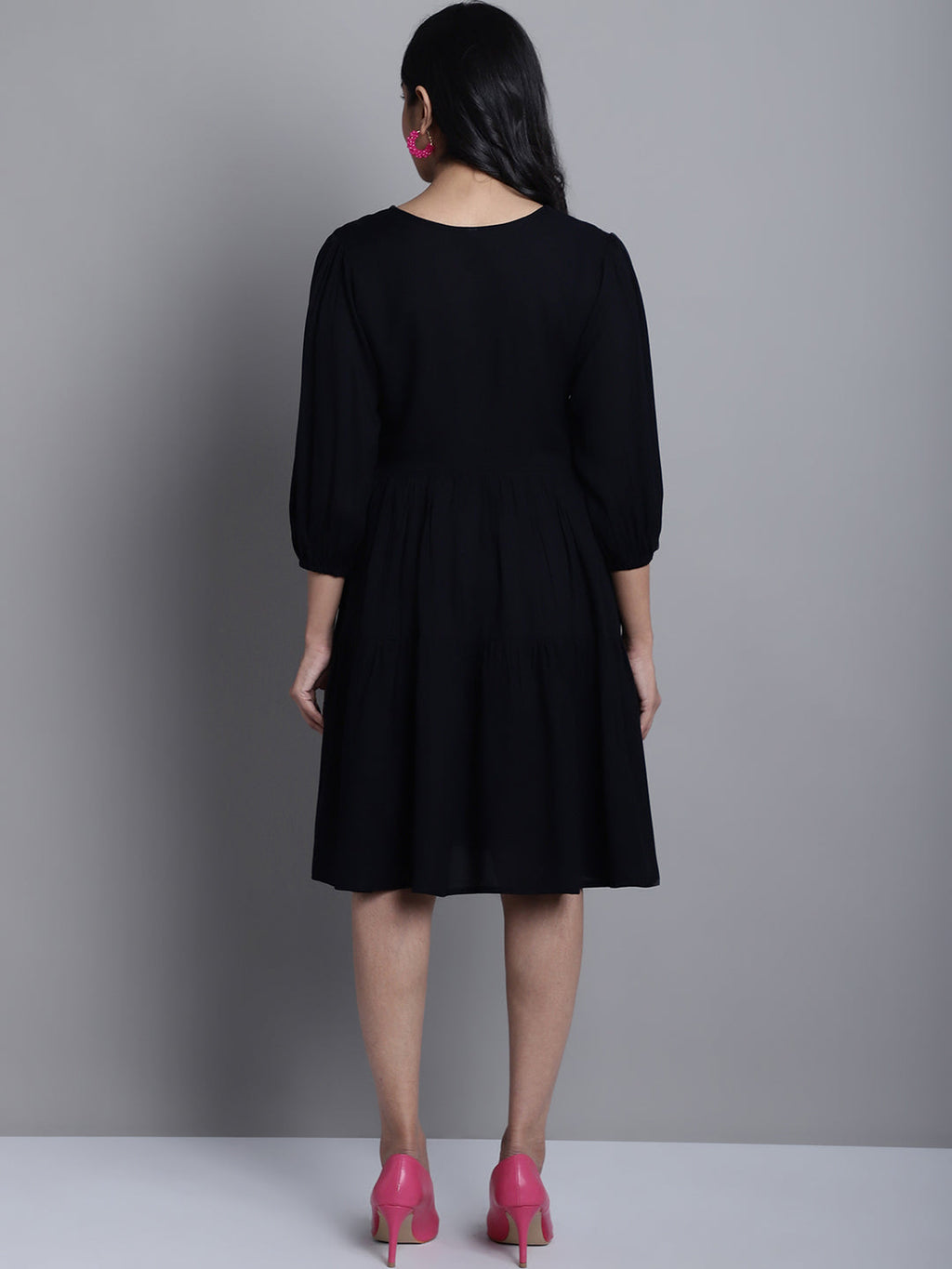 Jainish Women's WoBlack Floral Embroidered A-line Dress