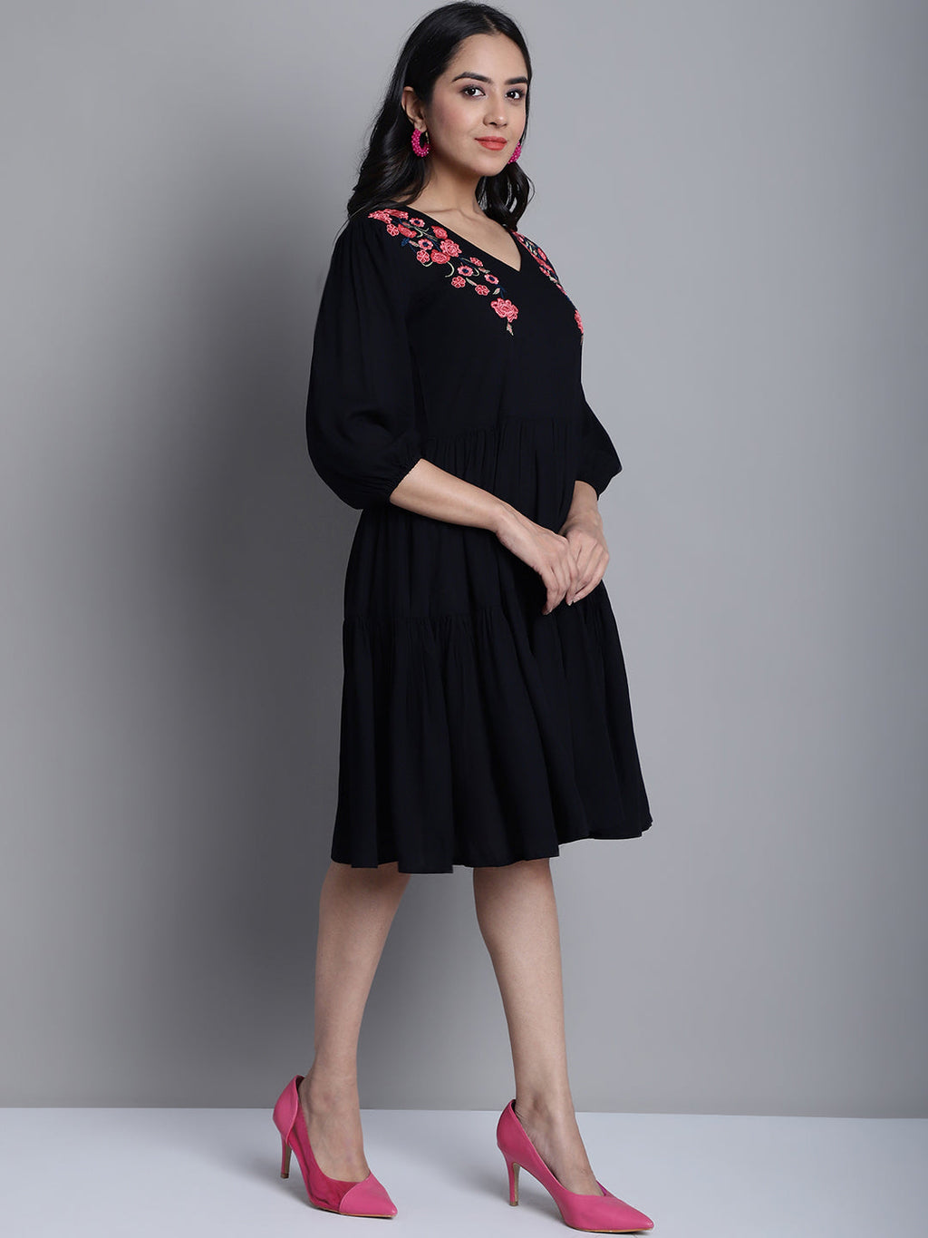 Jainish Women's WoBlack Floral Embroidered A-line Dress