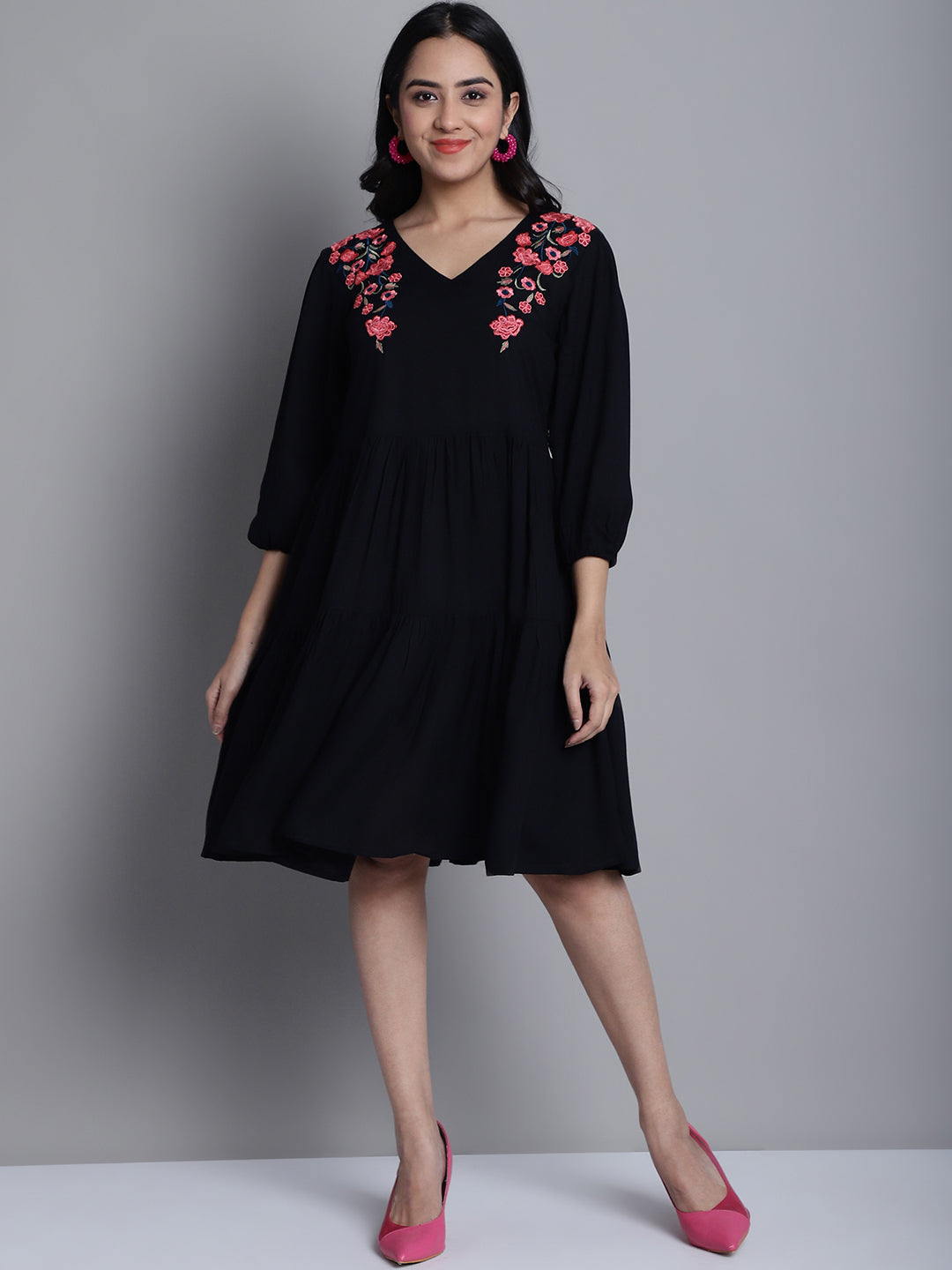 Jainish Women's WoBlack Floral Embroidered A-line Dress