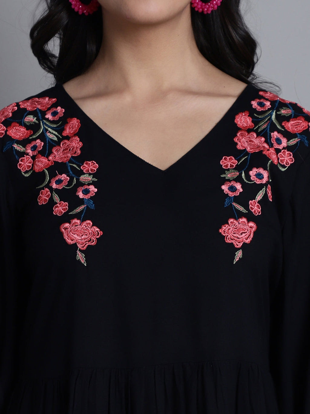 Jainish Women's WoBlack Floral Embroidered A-line Dress