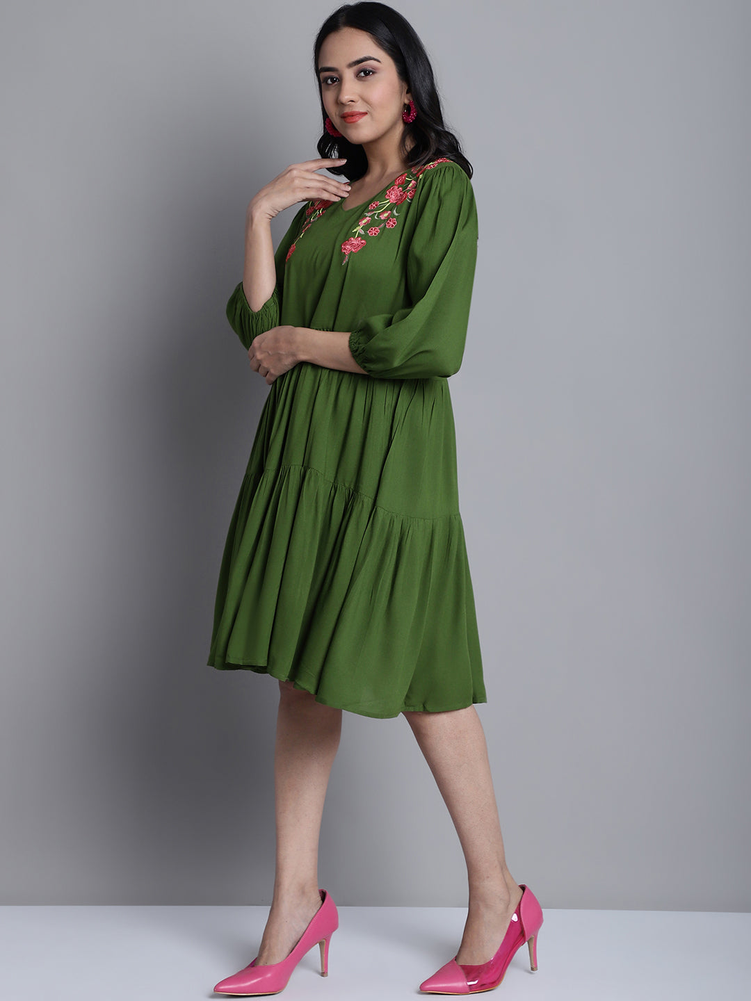 Jainish Women's WoGreen Floral Embroidered A-line Dress