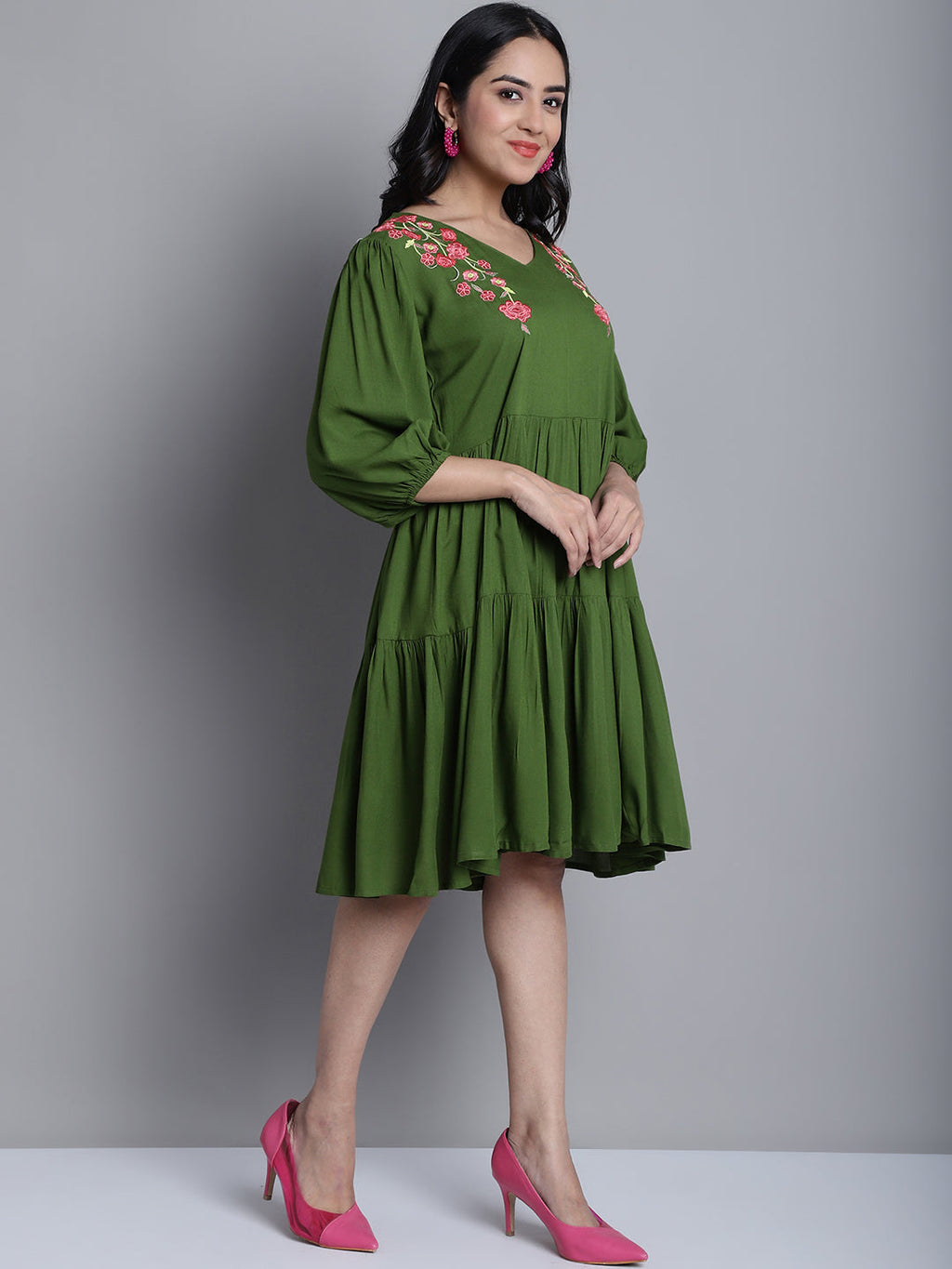 Jainish Women's WoGreen Floral Embroidered A-line Dress