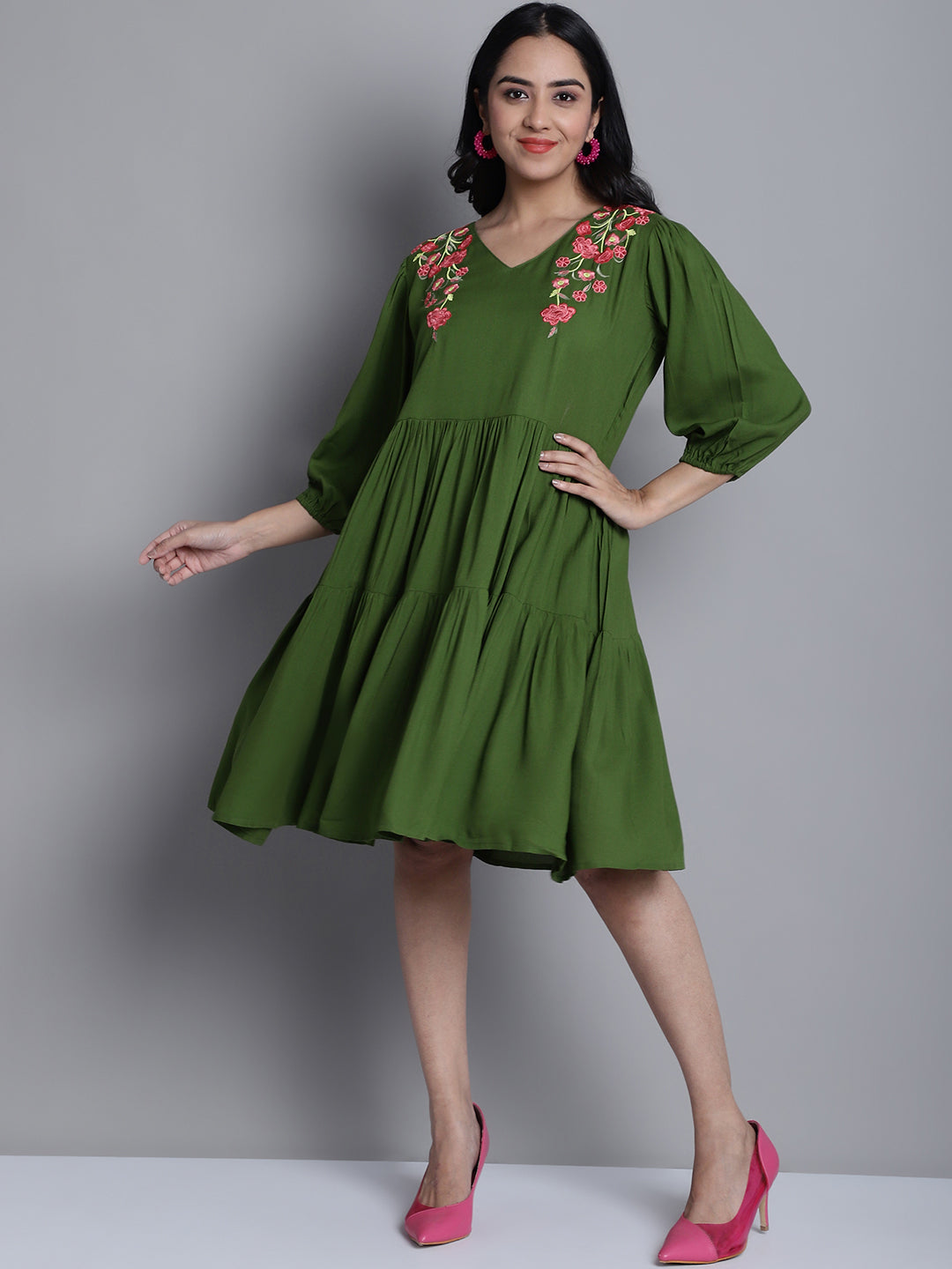 Jainish Women's WoGreen Floral Embroidered A-line Dress
