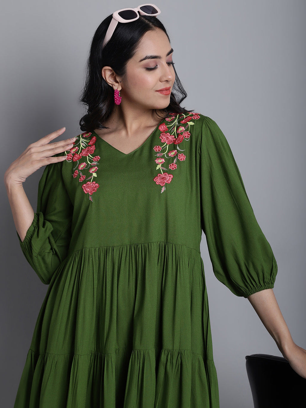 Jainish Women's WoGreen Floral Embroidered A-line Dress