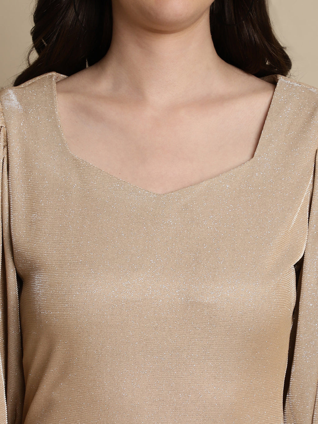 Jainish Women's Shimmer Puff Sleeves bodycon dress - Beige