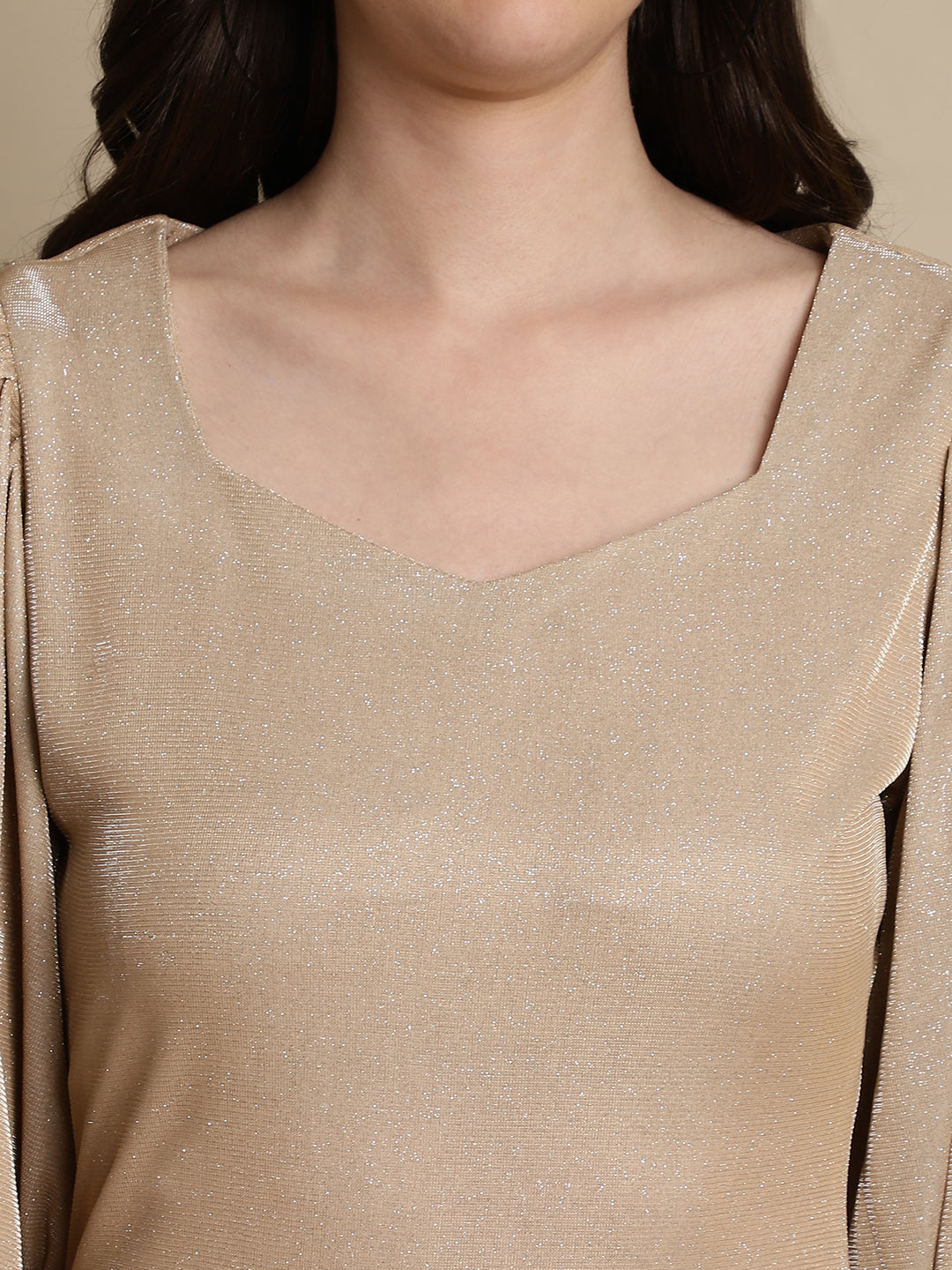 Jainish Women's Shimmer Puff Sleeves bodycon dress - Beige