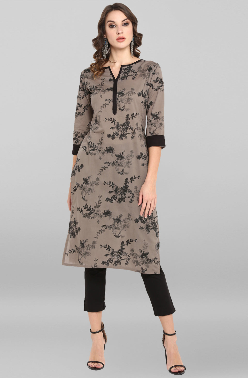 Janasya Women's Grey Cotton Floral Printed Casual Straight kurta