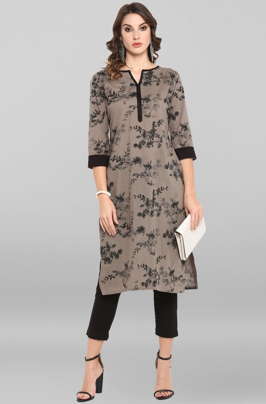 Janasya Women's Grey Cotton Floral Printed Casual Straight kurta