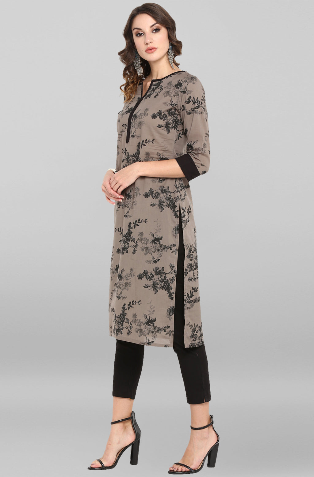 Janasya Women's Grey Cotton Floral Printed Casual Straight kurta