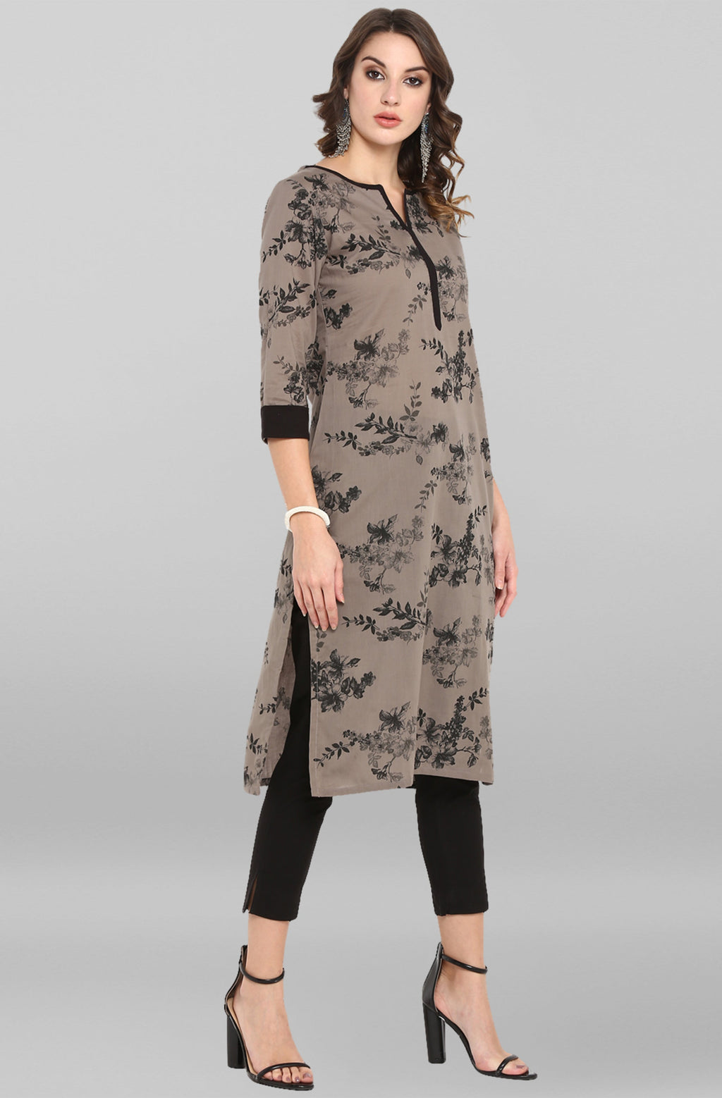Janasya Women's Grey Cotton Floral Printed Casual Straight kurta